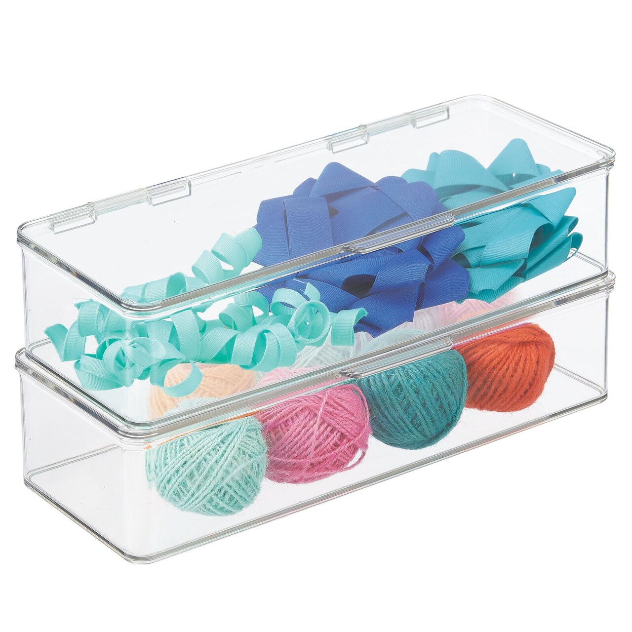mDesign Stackable Plastic Craft, Sewing Storage Bin, Lid, 2 Pack - Clear